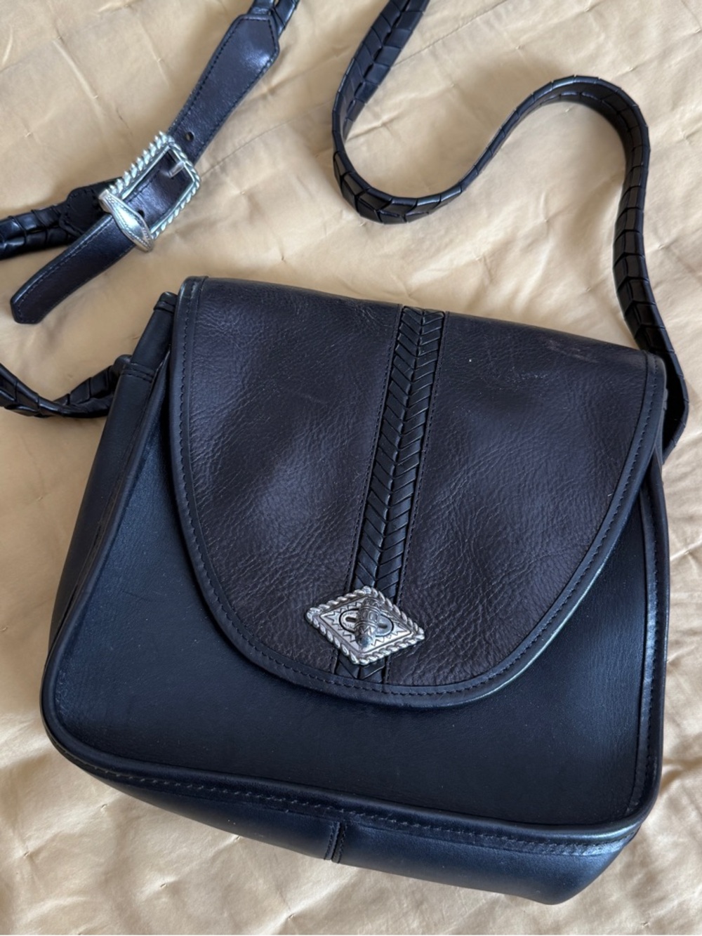Brighton Black Leather Crossbody Satchel Bag with Braided Detail